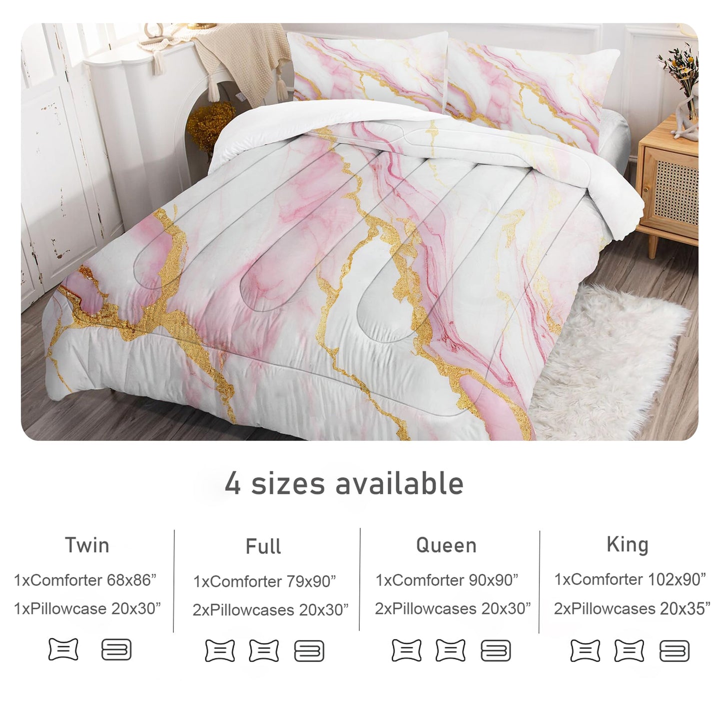 EDGZKO Comforter Set Pink Marble: King Size Bedding Sets for Women Girls Teens Bedroom Luxury Pink Gold Glitter Abstract Marbling Pastel Bed Set 1 Comforter & 2 Pillowcases