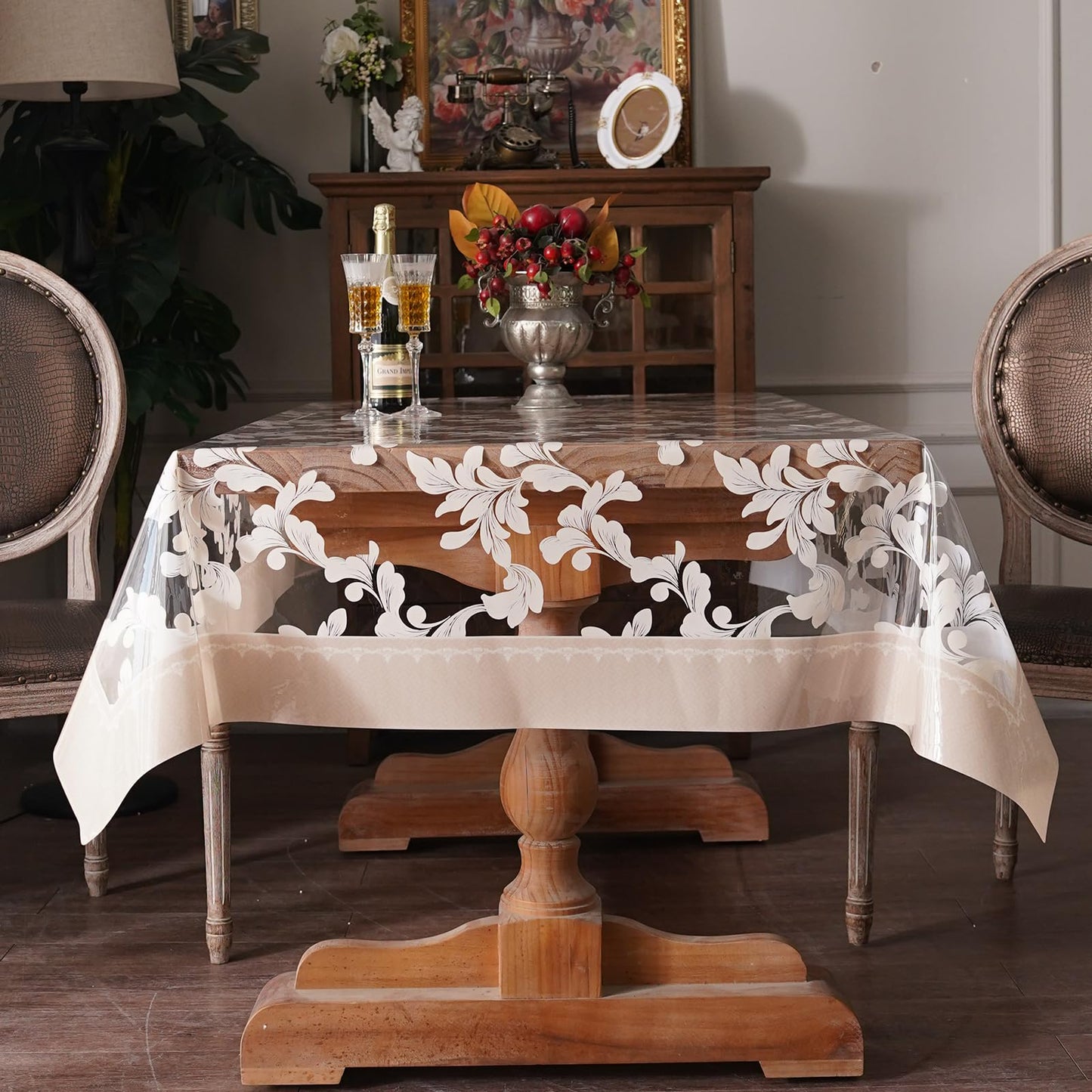 Artbloss Waterproof Clear Table Cover Protector Vinyl Rectangle Table Cloth Oil Spill Proof Wipe Clean Plastic Tablecloths for Dining Tables (Scroll Grass, 60 x 84 Inches)