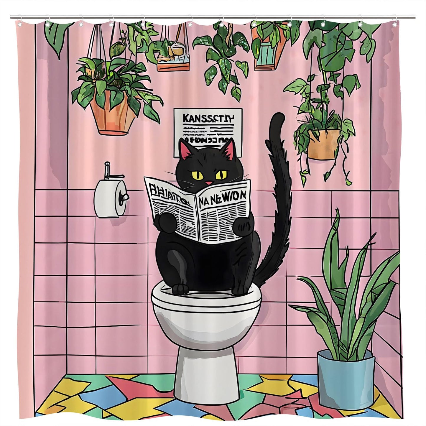 Funny Black Cat Shower Curtain, Tropical Plant Pink Green, 70"W x 70"L