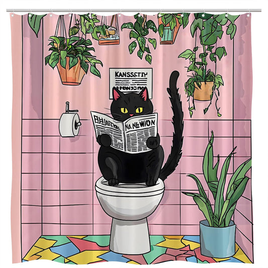 Funny Black Cat Shower Curtain, Tropical Plant Pink Green, 70"W x 70"L