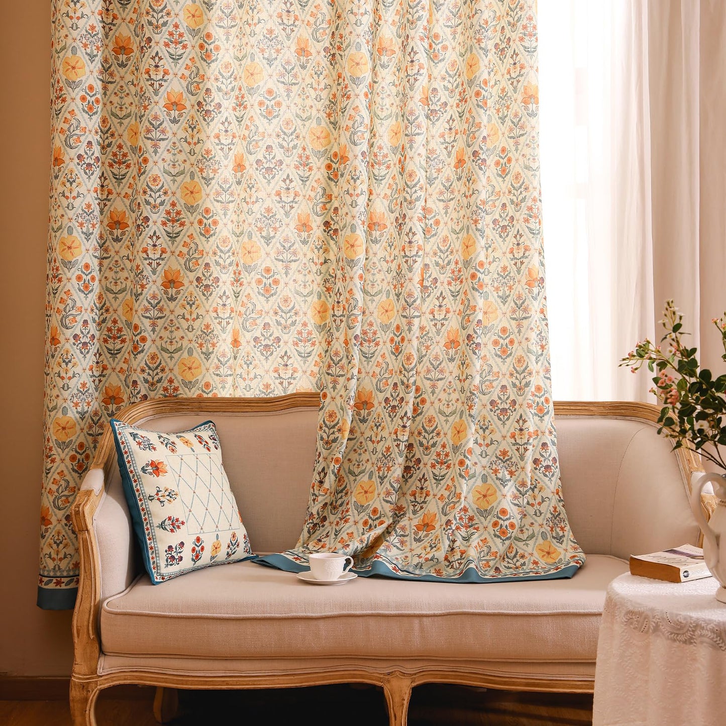 ISAENNE Designer French Linen Printed Curtains,2 Panels,63"x65"-Floralsea