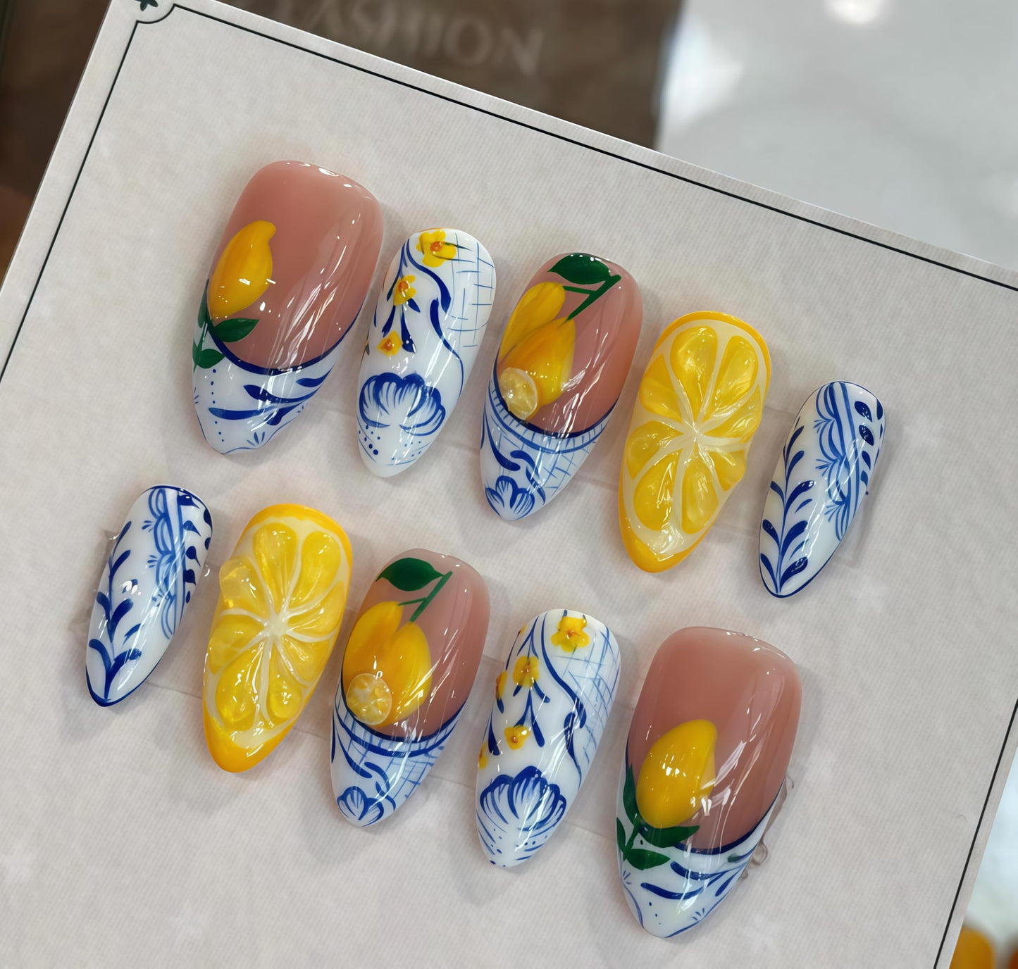 Handcrafted Press On Nails Italian Vacation Style Lemon & Blue Ceramic Pattern 100% Handmade Realistic Artistic Fake Nails With Adhesive Glue Tabs And Tool Gifts For Women (Lemon,Medium M)