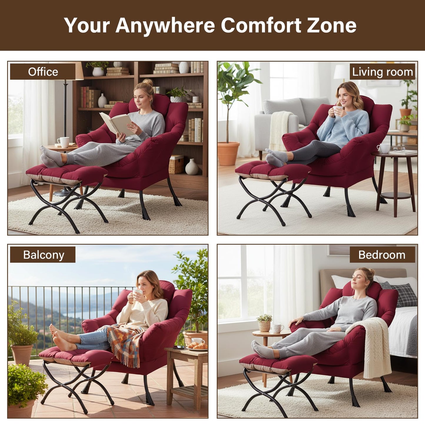 Welnow Lazy Chair with Ottoman, Modern Accent Chair with Armrests and a Side Pocket, Leisure Sofa Armchair, Reading Armchair with Footrest for Small Space, Burgundy
