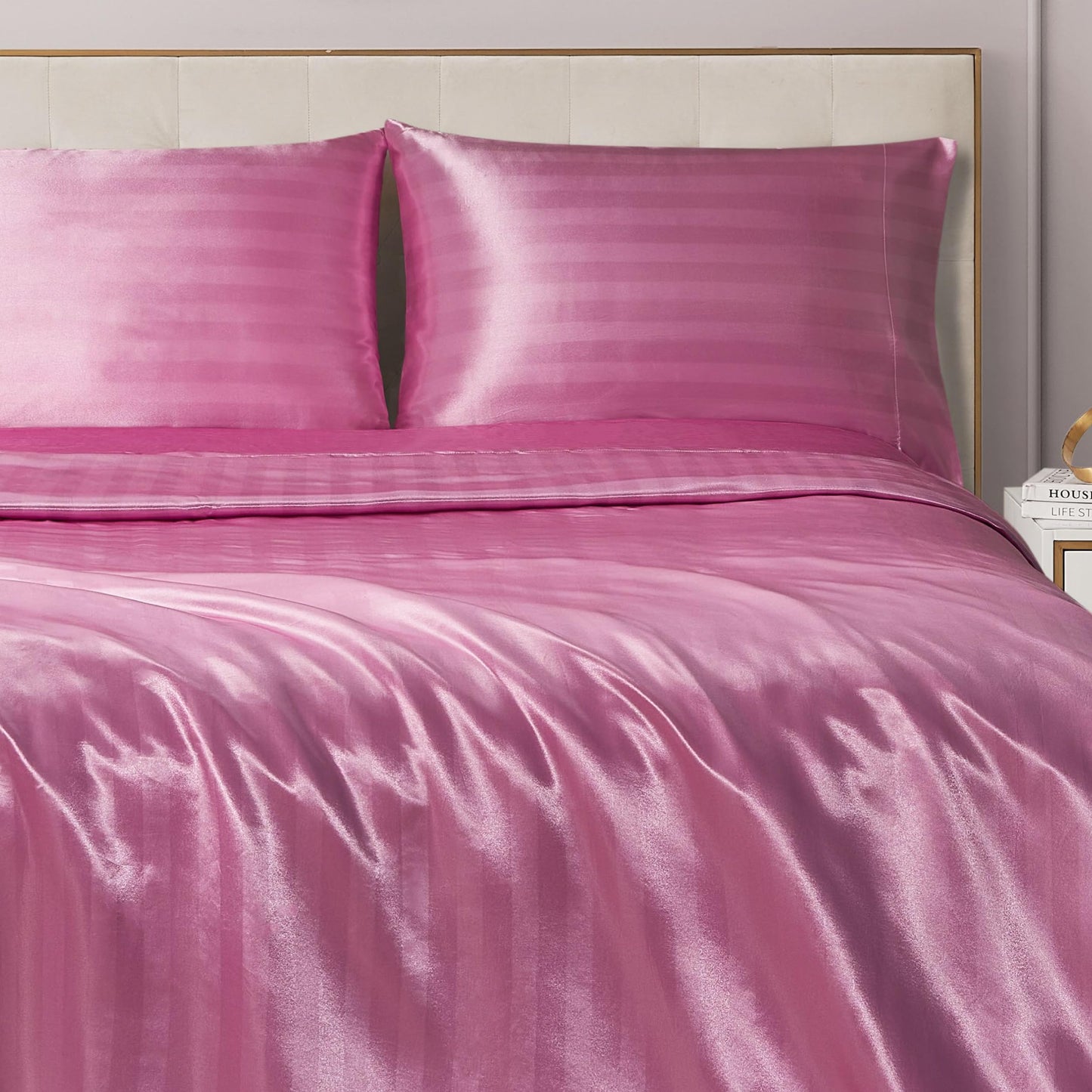 Juicy Couture Silky Satin Damask Sheet Set - Luxury Pink Bedding - Smooth Striped Sheets - Full Size