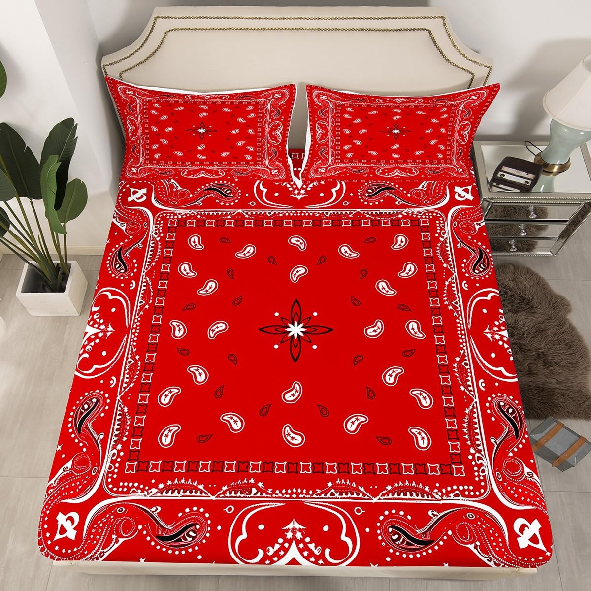 Manfei Red Paisley Bedding Set 2pcs for Kids Girls Chic Exotic Floral Printed Sheet Set Flower Pattern Fitted Sheet Soft Polyester Bed Sheets (1 Fitted Sheet + 1 Pillow Case) Twin Size