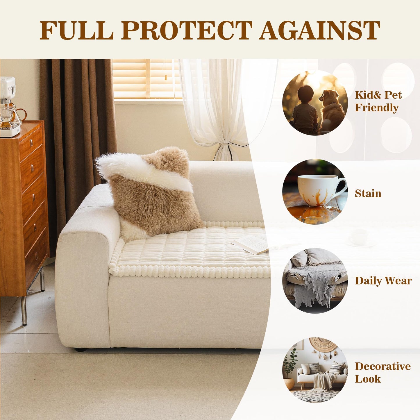 MYSKY HOME Couch Covers for Sofa, L Shaped Couch Cover, Couch Cover for Dogs, Sofa Covers for Pets Washable, Non Slip Sofa Slipcovers, Leather Sofa Cover Sectional Couch Covers, Cream, 27.6" x 70.9"