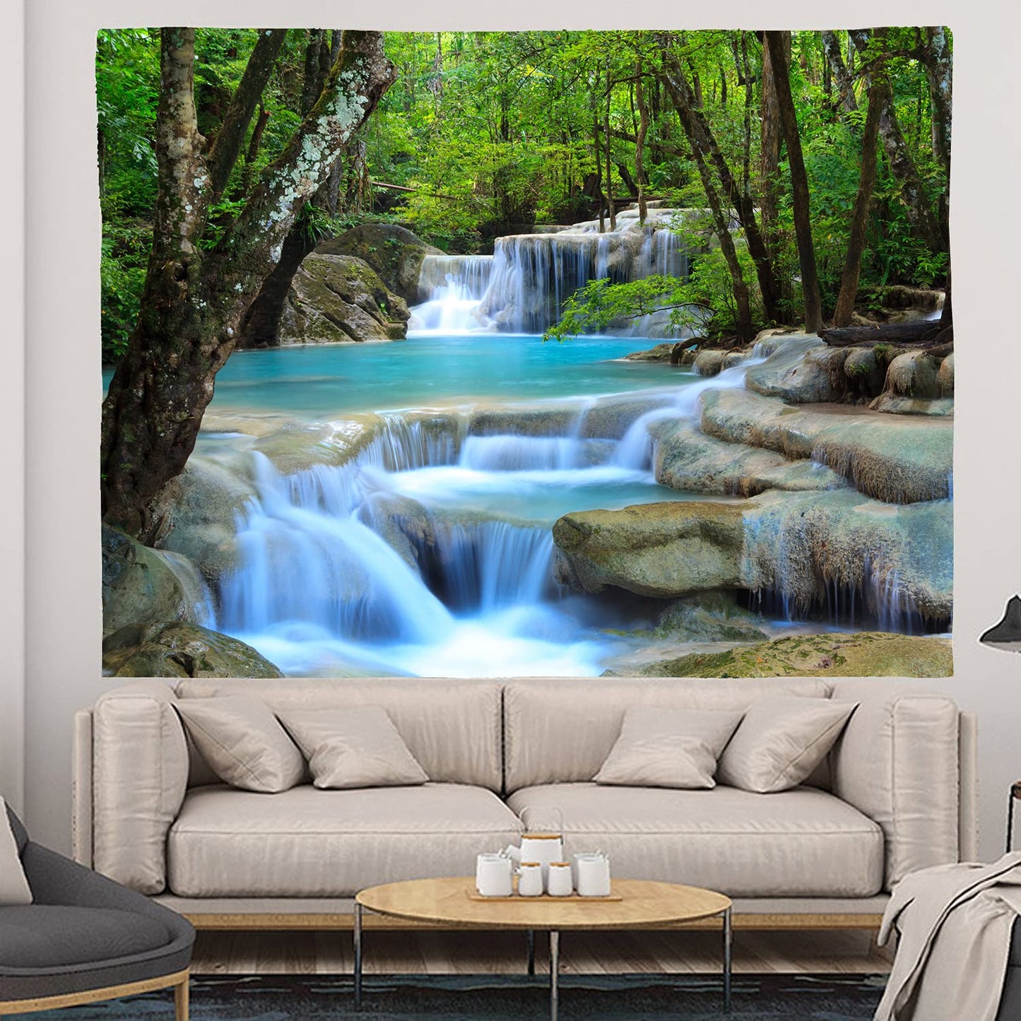 WODEJIA Forest Waterfall Fabric Tapestry Decorative Wall Art Tablecloth Bedspread Picnic Blanket Beach Throw Blanket Multifunctional for Bedroom Dormitory Living Room Hanging 79 x 59 Inches