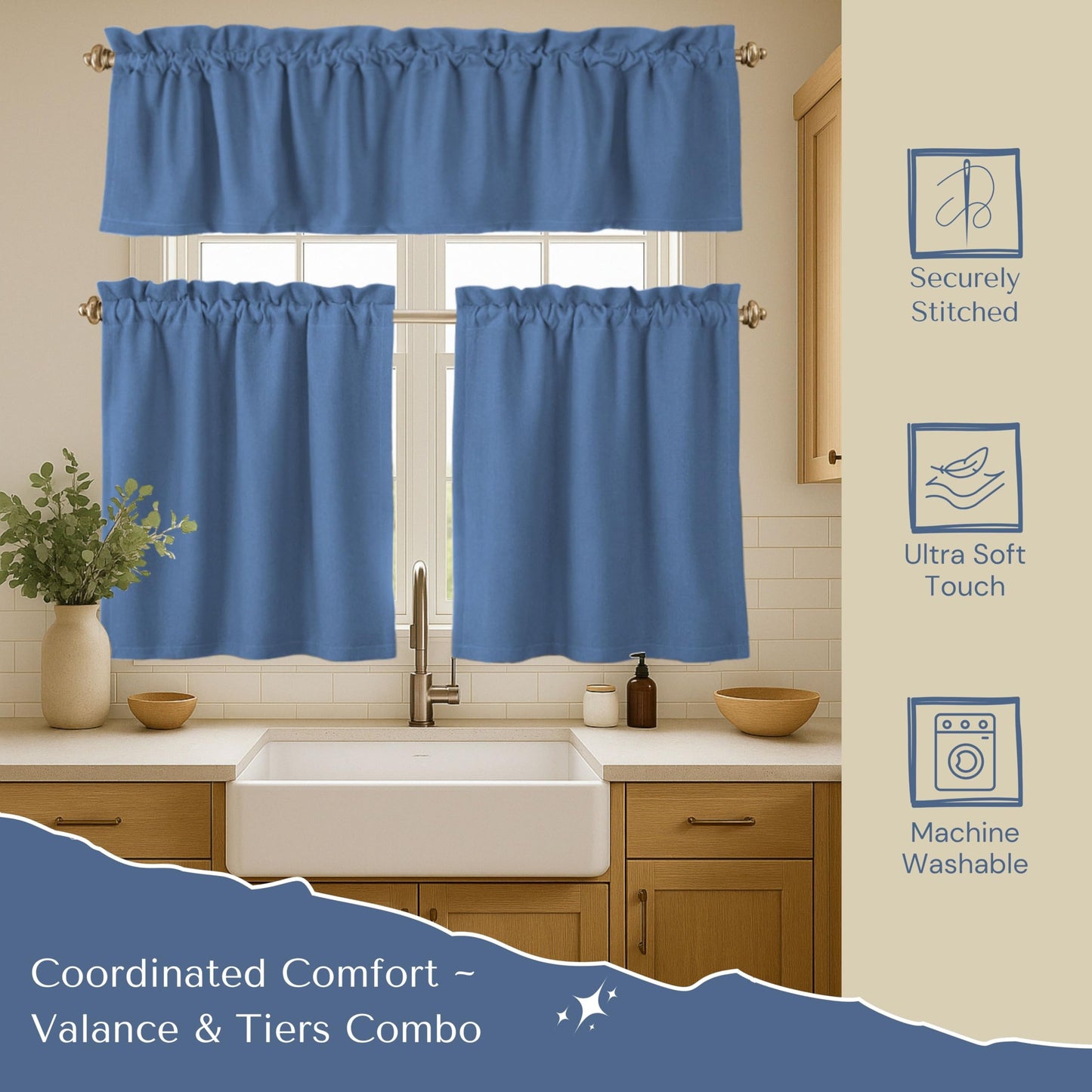 Native Fab 3 Piece Window Curtain Tiers 26"x36" and Valance 54"x18" Set - Rod Pocket - Semi Sheer - Short Curtain for Kitchen, Cafe, Living Room - Sky Blue