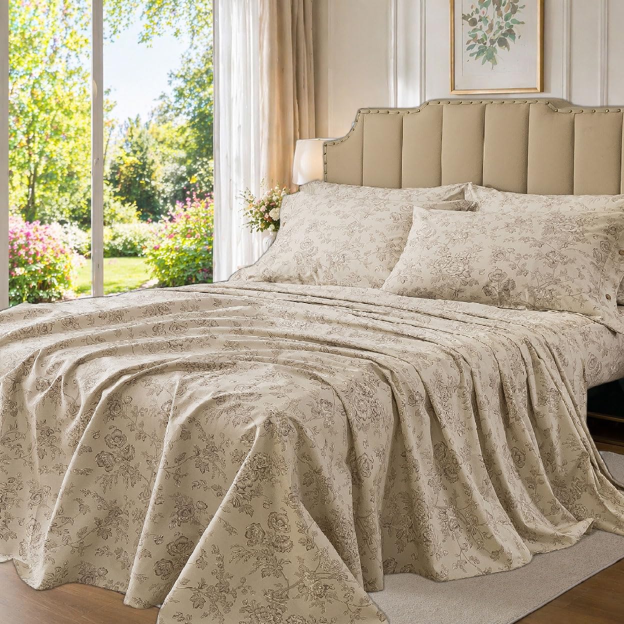 FADFAY Luxury 100% Cotton Percale Queen Sheet Set – 4-Piece Vintage Botanical Floral Bedding, Hotel-Quality Crisp & Breathable Sheets, Deep Pocket Fitted Sheet, Elegant French Country Cottage Style