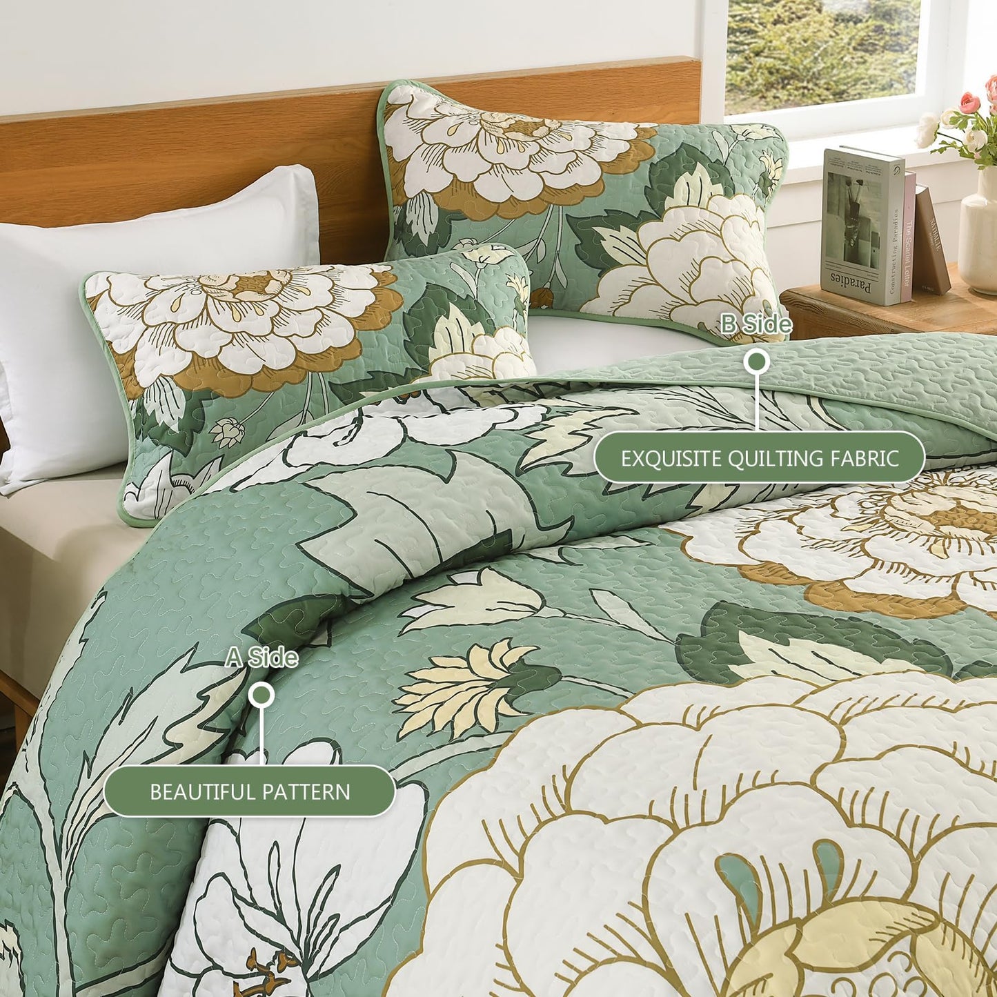 DJY Sage Green Quilt Set Queen Size 3 Pieces Floral Boho Bedspread Coverlet Set, Lightweight Microfiber Farmhouse Floral Quilted Bedding Set Reversible Bed Cover for All Season, 96''x90''