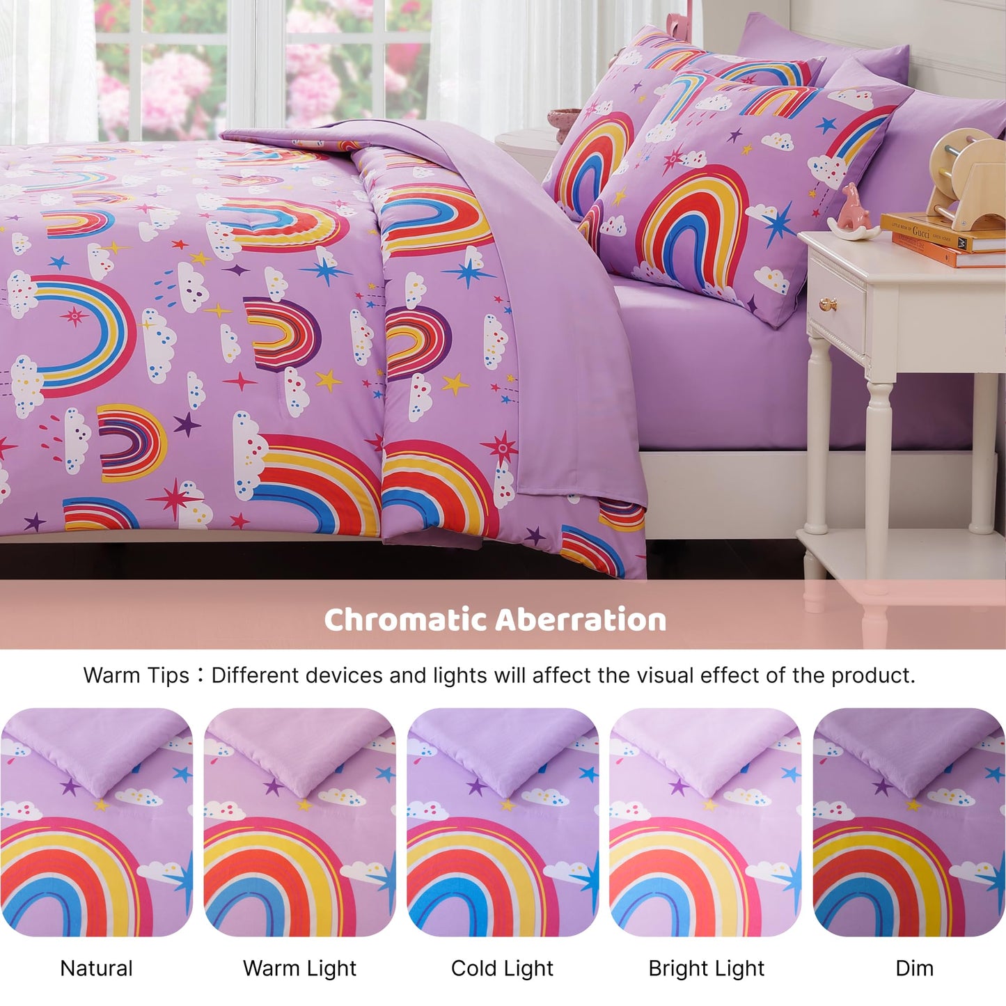 Wink Deer Full Size Comforter Set for Girls-7 Pieces Purple Rainbow Glow in the Dark Full Bedding Sets for Kids, Ultra Soft Bed in A Bag with Sheets