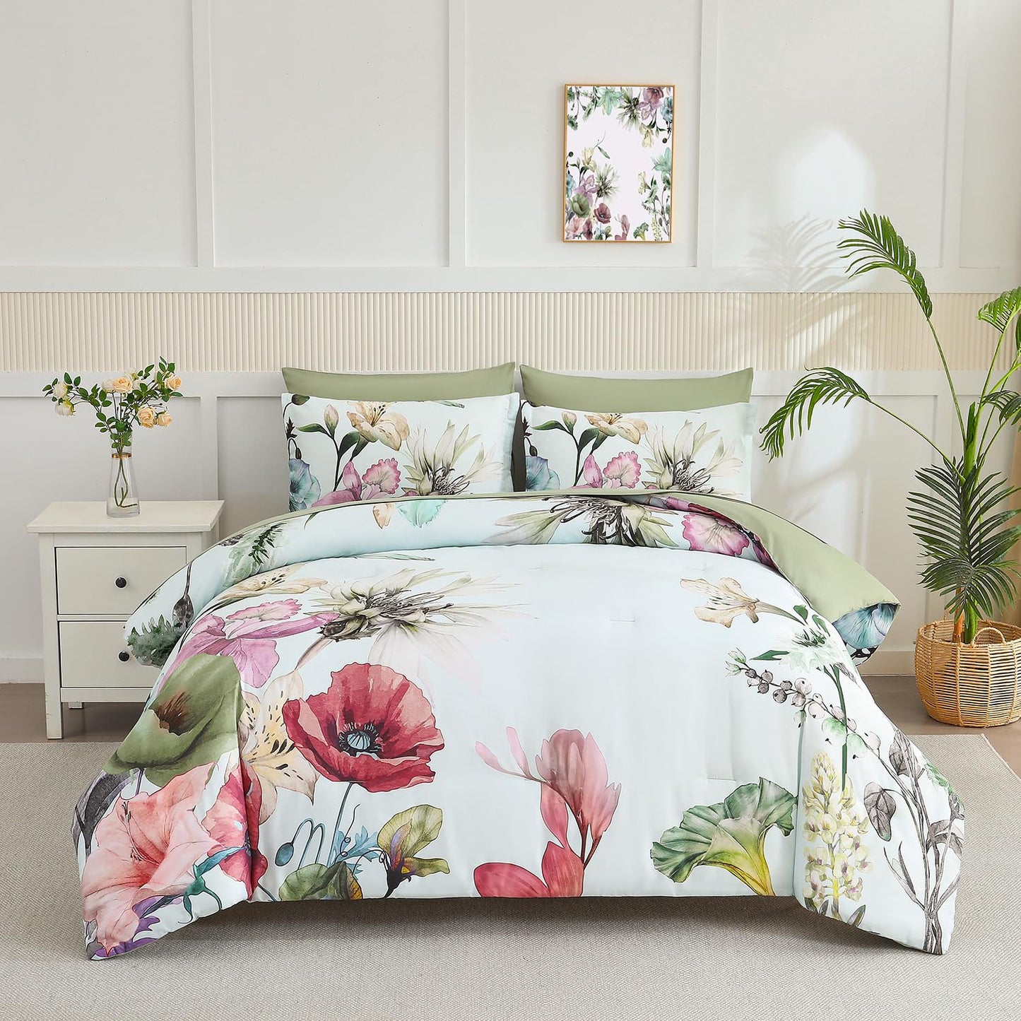 Yogeneg King Size Comforter Set 7 Piece Bed in a Bag,Elegant Floral Botanical Pattern Green Bedding Set,Soft Microfiber Comforter with Sheet Set,All Season Bed Set(Green Floral,King)