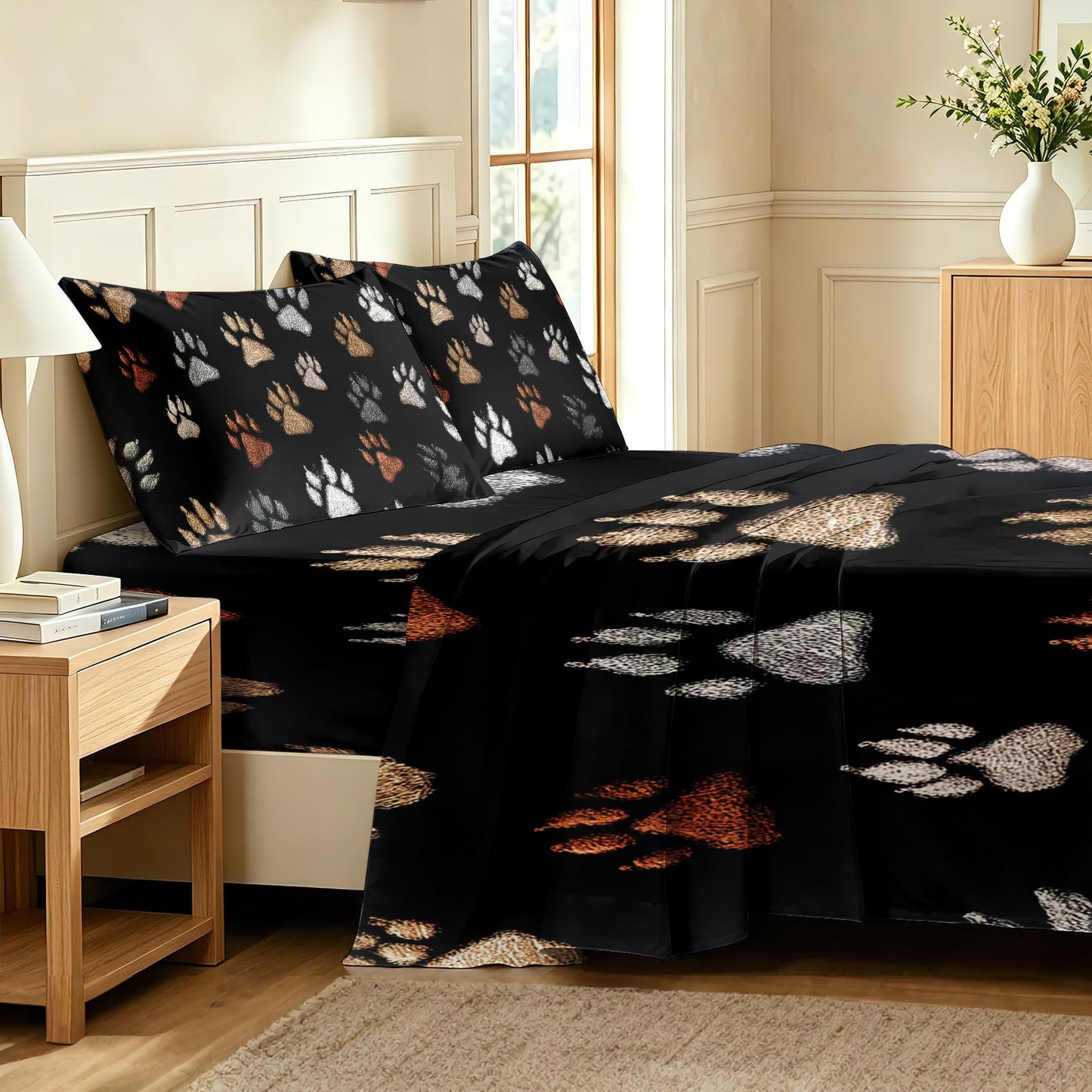 Cat Paw Print King Sheet Set 4 Pcs Dog Paw Bed Sheets, Black