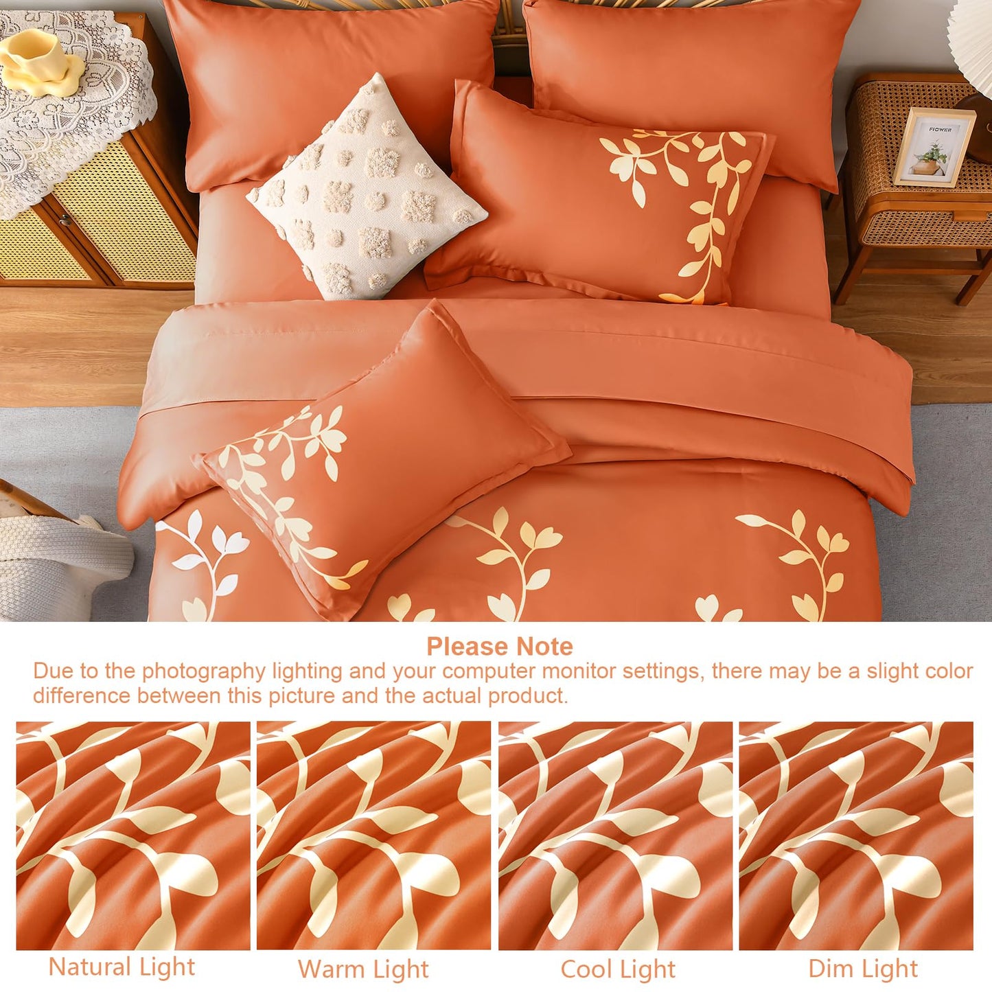 METAHOTS King Size Comforter Set - 7 Pieces Floral Botanical Printed on Orange King Comforter Set with Sheets, Fall Soft Lightweight Microfiber Bedding Set for All Season(104"X90")
