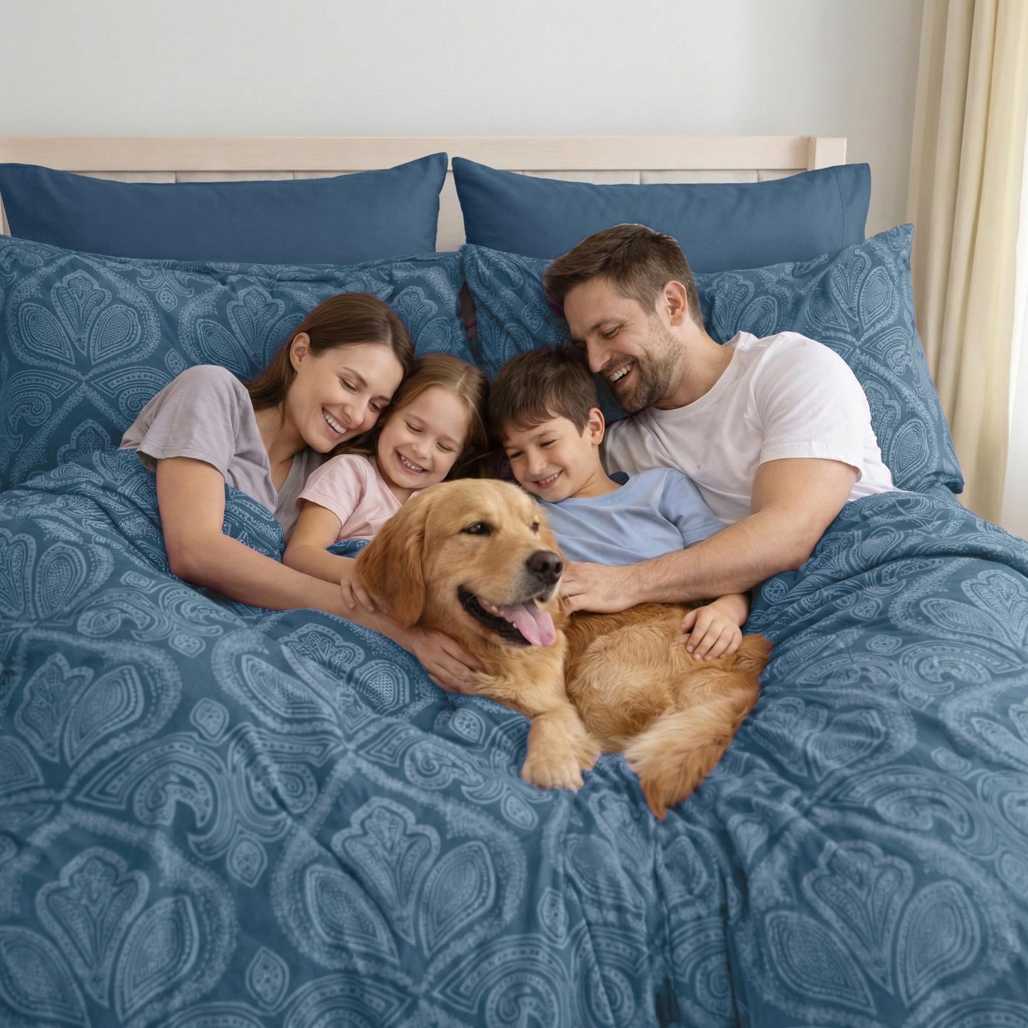 Ultra Soft Wrinkle-Free Microfiber Paisley Twin XL Sheet Set, Cute Floral Pattern Boho Print – 16" Deep Pocket Fitted Sheet, Flat Sheet & 2 Pillowcases, Breathable, OEKO-TEX - Navy Blue