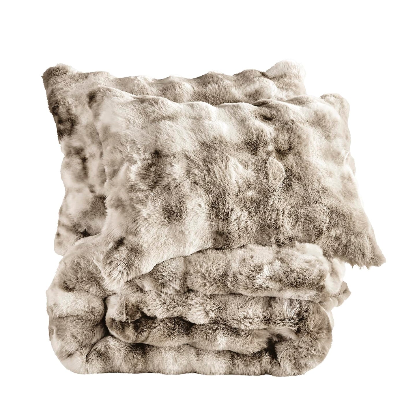 Fredsure Faux Rabbit Fur Comforter Set, 3 Pieces Tie Dye Khaki Queen, Faux Rabbit Fur Face and Microfiber Reverse