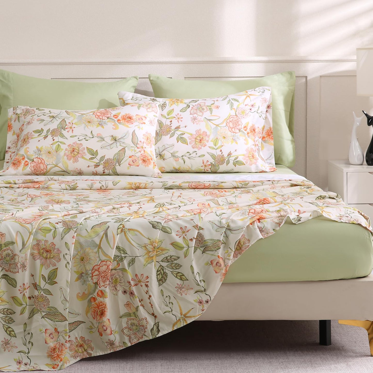 LONAVA Floral King Size 6 Pcs Sheet Set, Breathable Microfiber Deep Pocket Glass Green Fitted Sheets, Comfy & Breathable Patterned Flat Sheets,4 Gentle Soft Pillowcases, Fall Floral