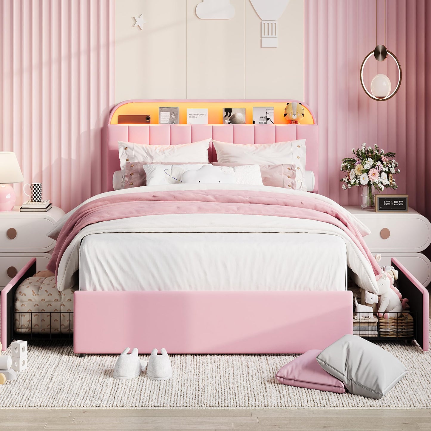 Garvee Full Size Bed Frame with 2 Flexible Drawers, Velvet Upholstered Platform Bed Frame with Bookcase Headboard and LED Lights, Kids Bed for Girls, Easy Assembly, Noise Free, Pink