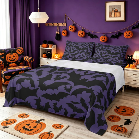 Castle Fairy Halloween Themed Bed Sheet Set King Size,Black Bats Animal Print Fitted Sheet + 1 Flat + 1 Pillowcase,Dark Purple Color Polyester Bed Mattress Cover, Gift for Man Couple