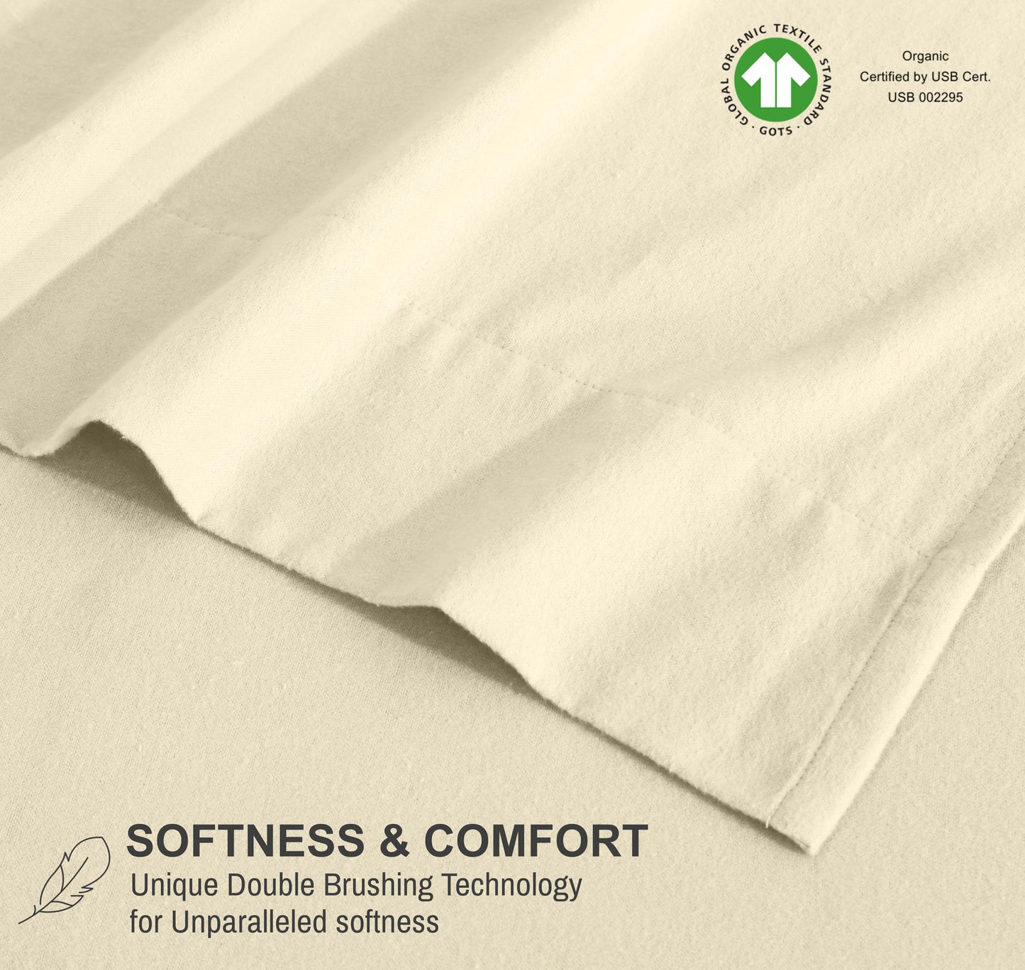 RUVANTI Flannel Sheets Queen Size - GOTS Certified 100% Organic Cotton, 4 Piece Warm, Soft & Breathable Set, Deep Pocket Snug Fit, Double Brushed Cozy All Season Bedding, Winter White