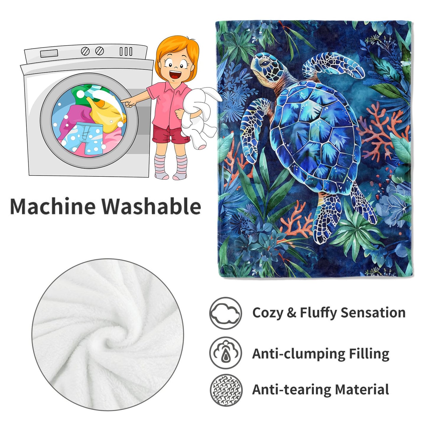 VODRM Sea Turtle Blanket Underwater Coral Reef Blue Throw Blankets,Birthday Gifts for Kids Adult & Ocean Lovers,Lightweight Soft Fleece with Marine Life,for Sofa Couch Bed Room Decor 50x60in