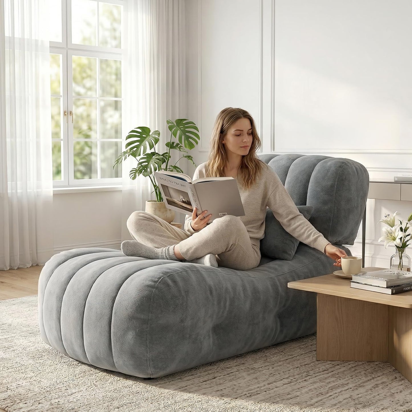 Foldable Bean Bag Chair with Memory Foam - Oversized Chaise Lounge Sofa for Adults, Comfy 2-in-1 Convertible Floor Couch for Bedroom Reading & Gaming (Lava Ash)