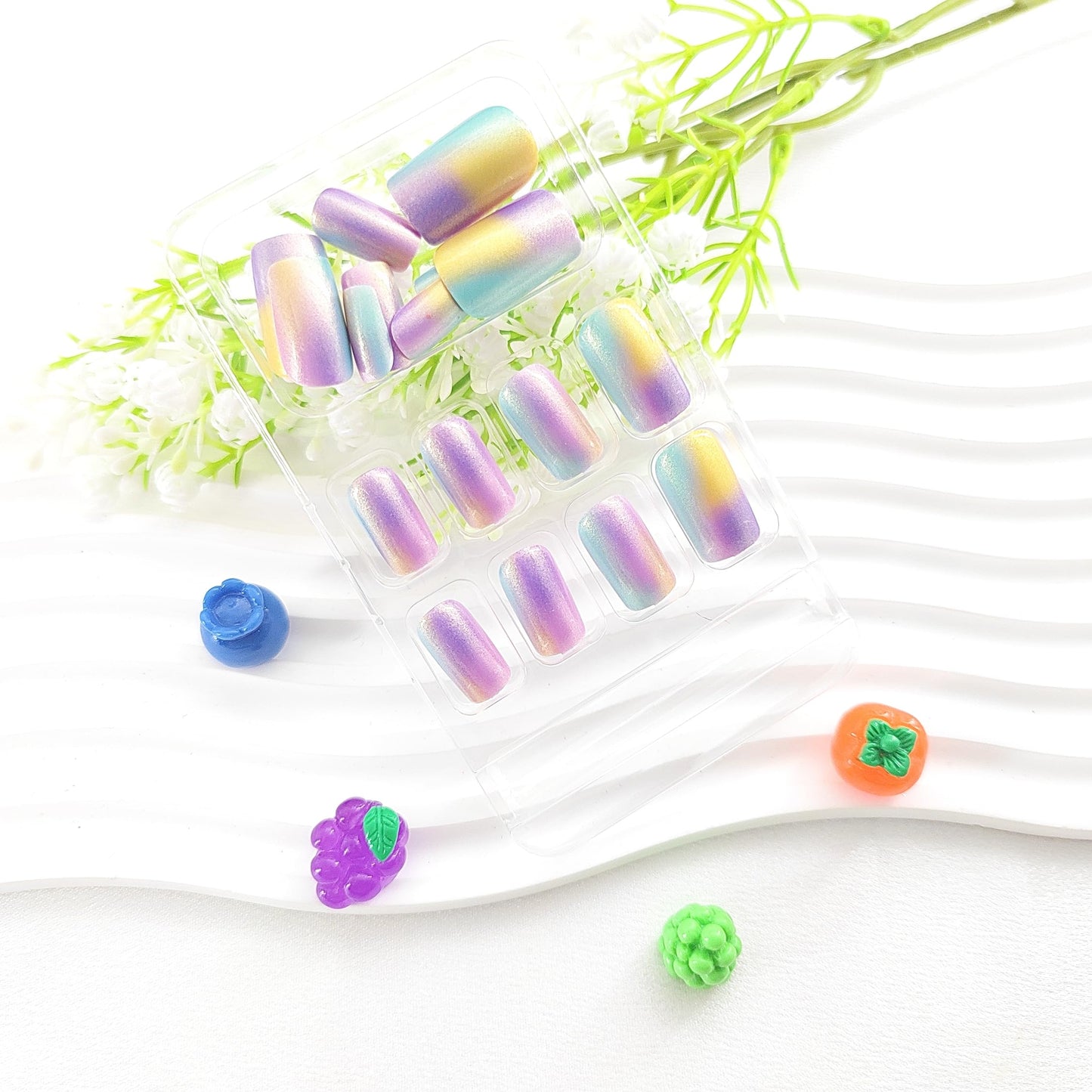 Medium Press on Nails Square Fake Nails with Purple Blue Yellow Gradient Design Acrylic Nail Press ons Full Cover Glossy Artificial Stick on Nail for Women 24Pcs