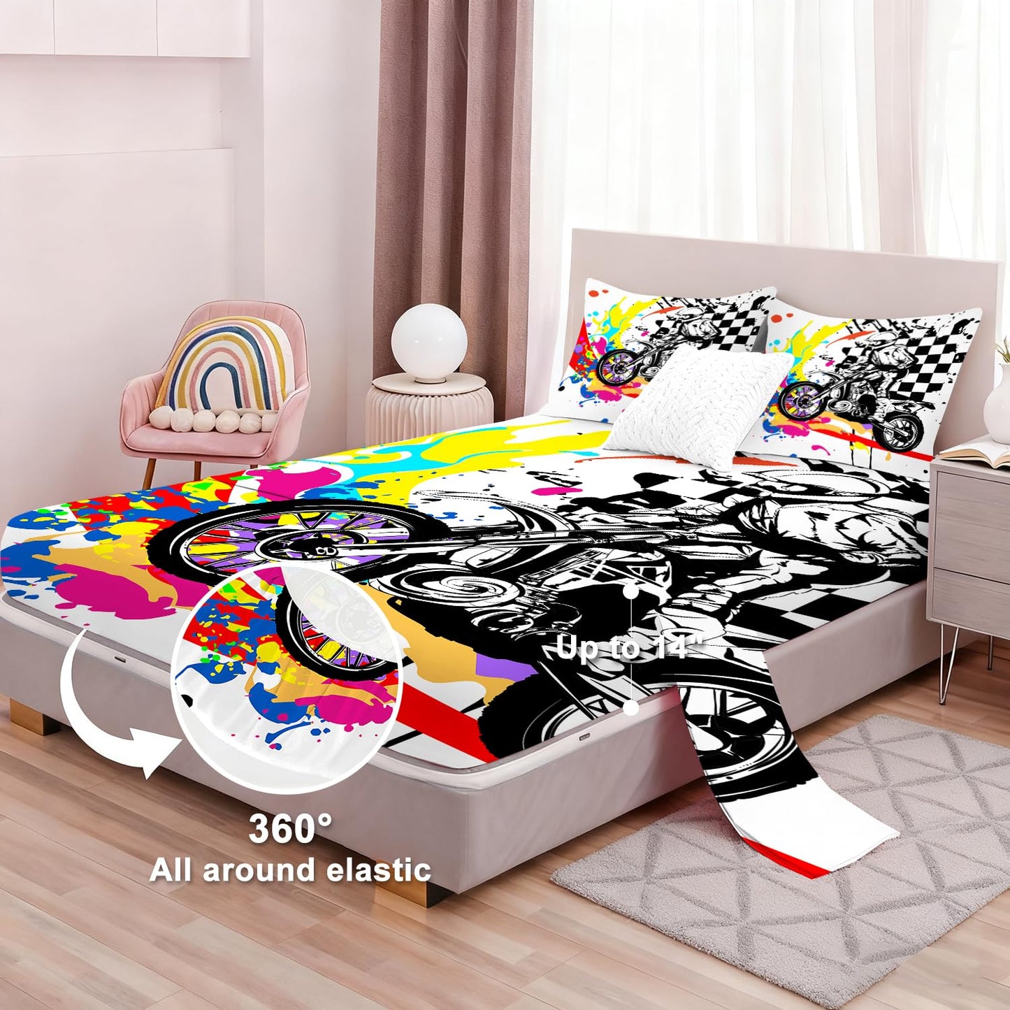 VTKON Motocross Fitted Sheet Set Twin Size Dirt Bike Bed Set for Boys Teens Graffiti Style Motorcycle Rider Sheets Black White Checkered Bed Cover with 1 Flat Sheet, 1 Fitted Sheet + 1 Pillowcase