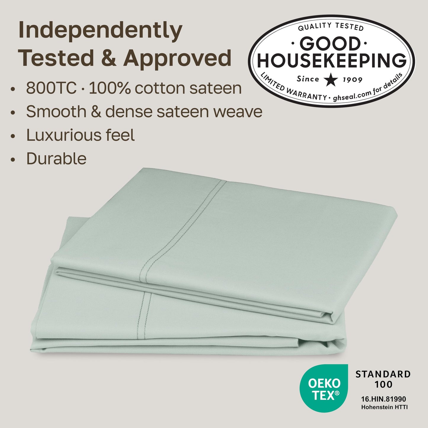 California Design Den Heirloom Soft, Smooth & Thick Certified 800 Thread Count 100% Cotton Sateen, 2 Pillow Cases King Size, Fits King Pillows (Soft Celadon)
