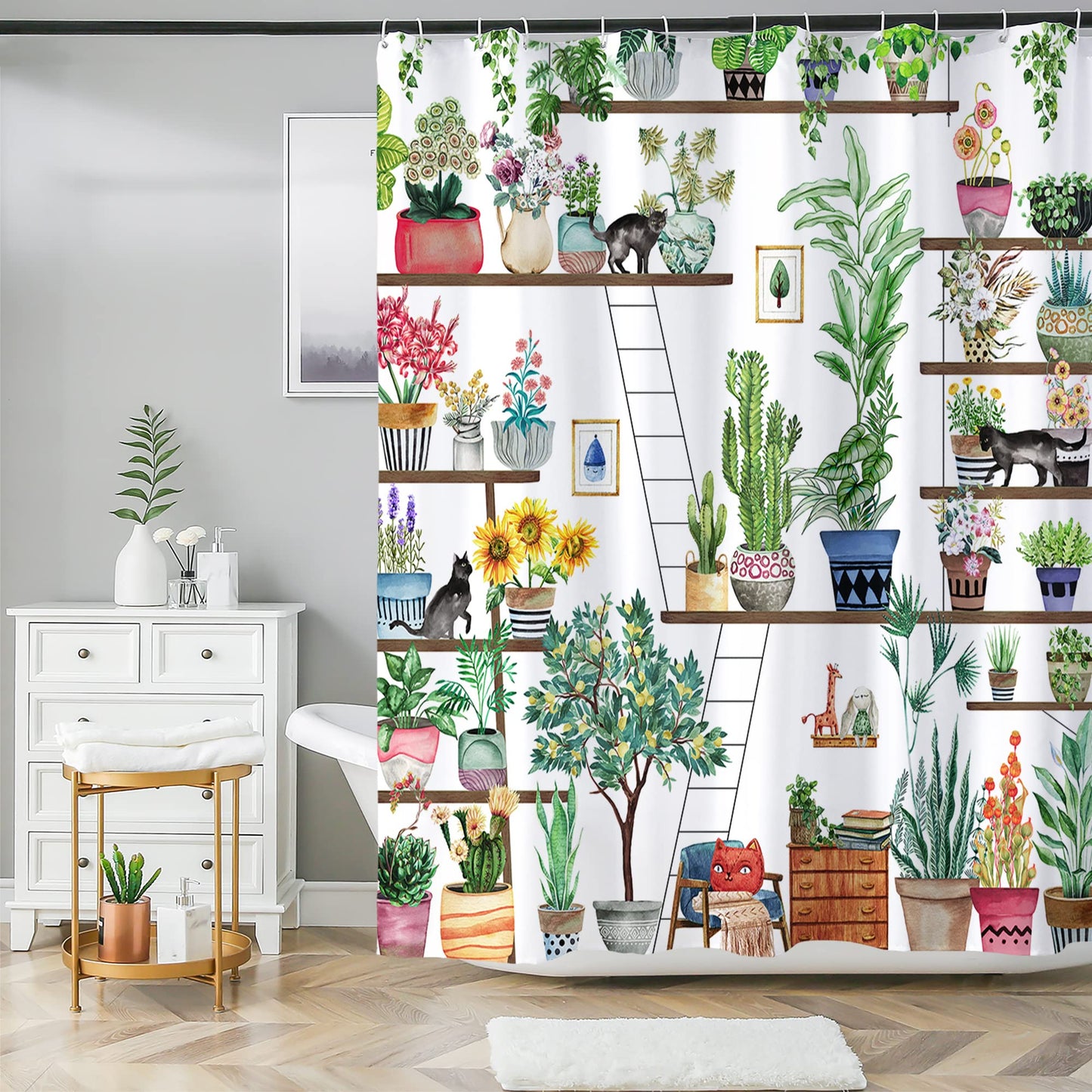 HMS Happy Memories Bohemian Plant Boho Floral Print Shower Curtain, Polyester Fabric Cloth for Bathroom Decor 72×72 Inch Standard Size with 12 Hooks, Also as Room Divider (Thicken 1)