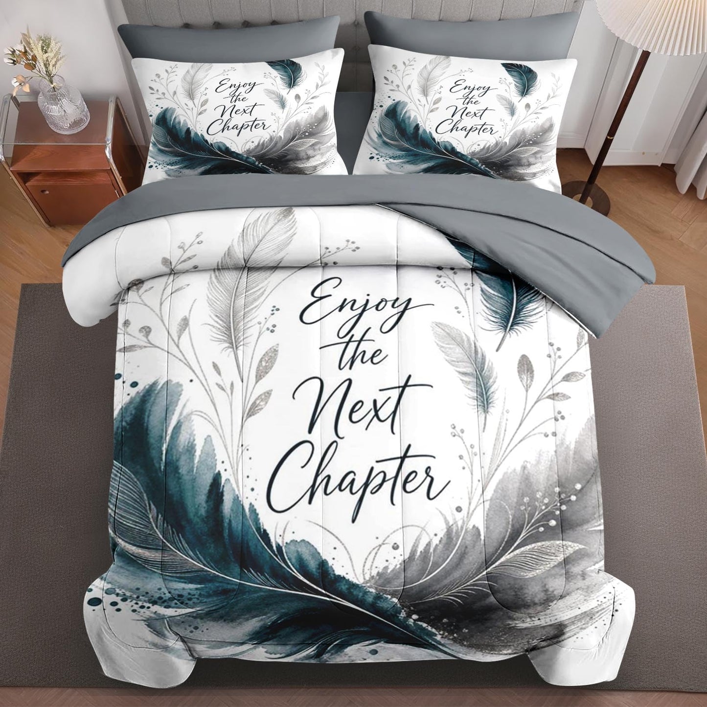 Boewywh Comforter Set Twin Size Feather Retirement Graduation 7 Pcs, Bedding for Kids and Adults, Boho Teal Bed Sheet Sets with Fitted Sheet 2 Pillowcases & 2 Shams for Bedroom Bed Decor