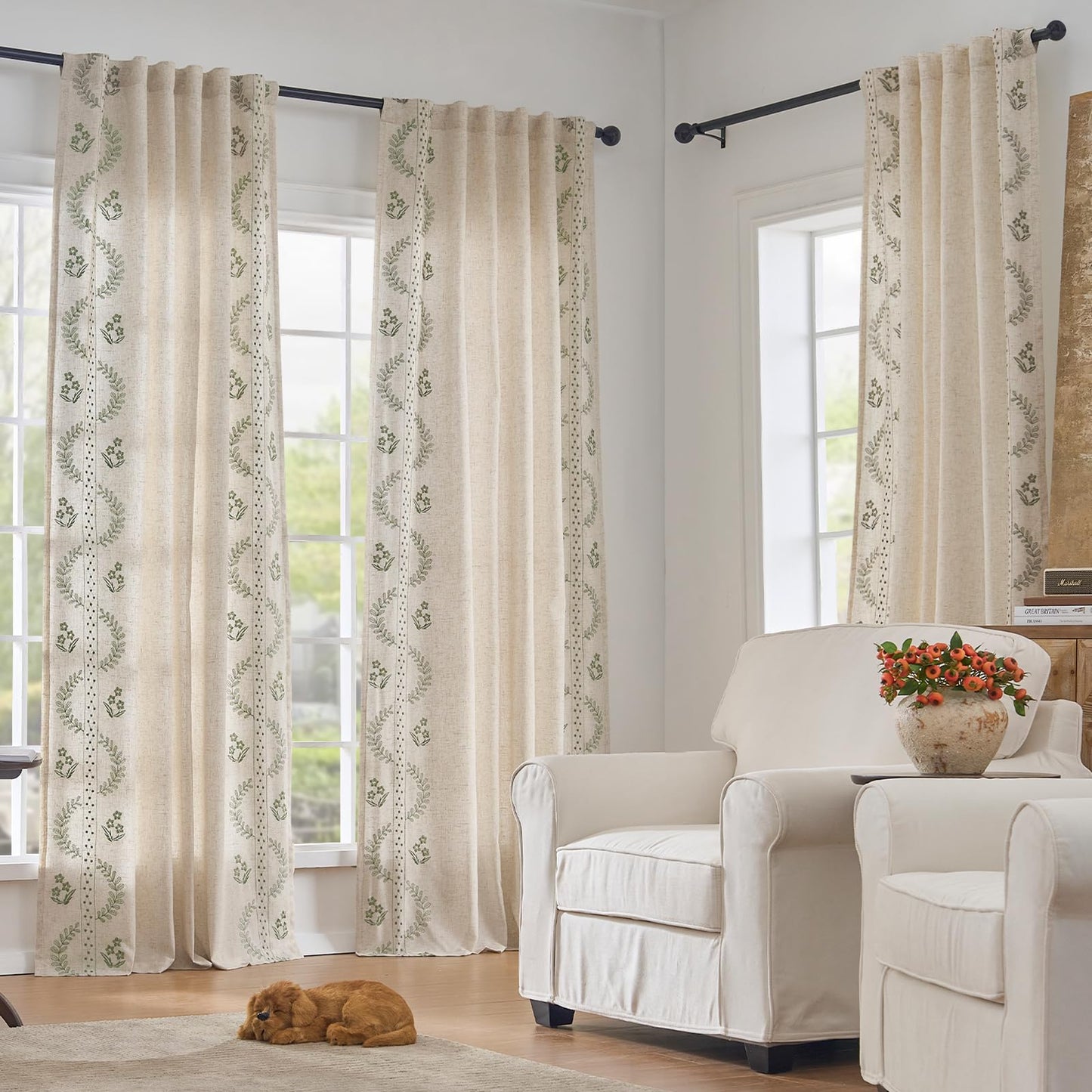 jinchan Belrose Lined Linen Blend Curtains Floral Curtains for Bedroom 96 Inch Length Sage Green Embroidered Drapes Rod Pocket Farmhouse Flower Drapes for Living Room Window Treatments Set 2 Panels