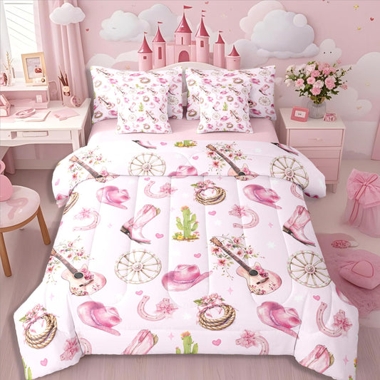 Erosebridal 7-Piece Cute Pink Western Cowgirl Bedding Set Twin Size Cactus Guitar Bow Comforter Set for Teens Girls Vintage Western Hat Boot Wildflower Bed in A Bag Preppy Fahion Coquette Bed Sets