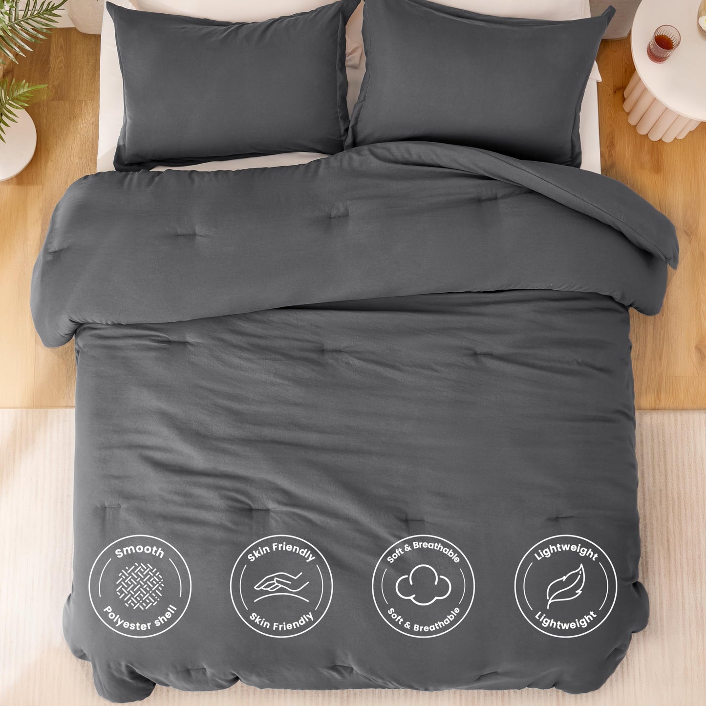 Love's cabin Dark Grey Twin/Twin XL Comforter Set, 2-Piece Prewashed Bed Set with 1 Comforter (66 x 90 in) & 1 Pillowcase, Lightweight & Breathable for All Seasons