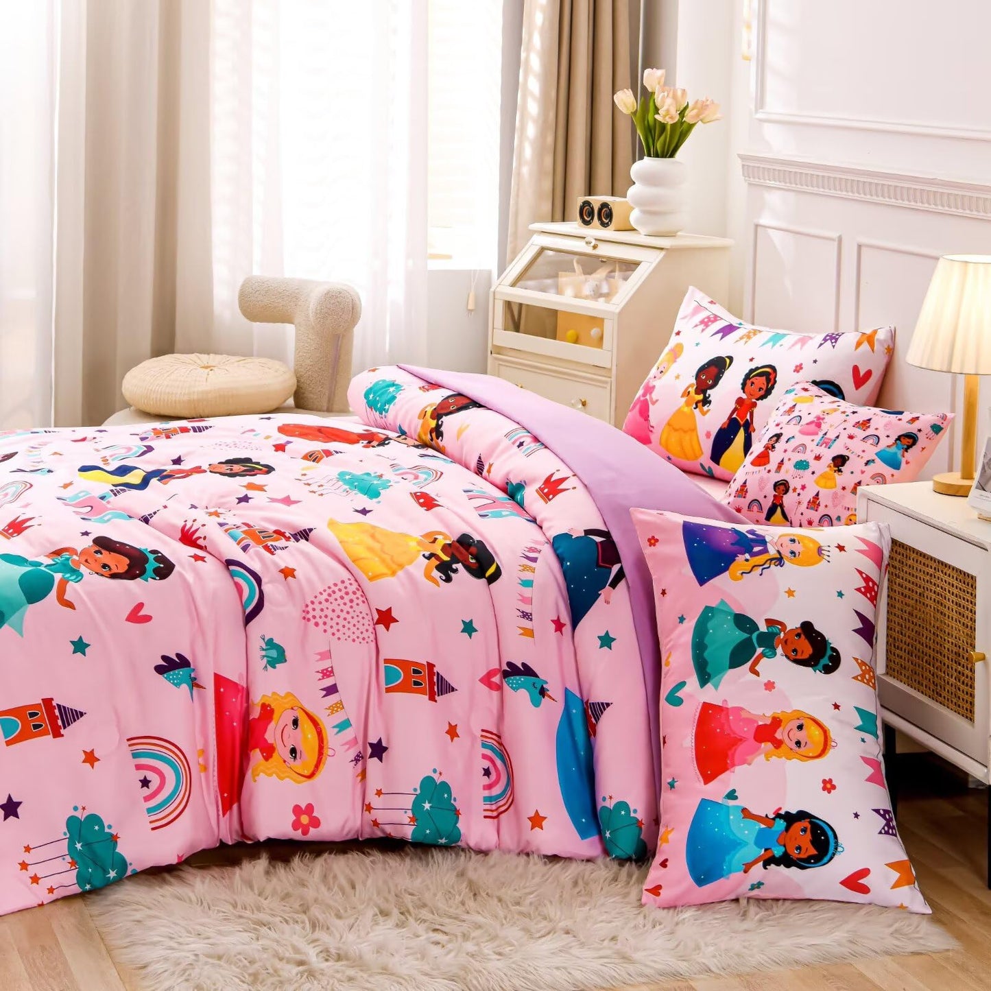 GRAT TIOC 6 Pieces Pink Princess Comforter Set for Girls Twin,Bed in A Bag Princess Bedding Set for Girl Kids (1 Comforter,1 Flat Sheet,1 Fitted Sheet,2 Pillowcases and 1 Cushion Cover)