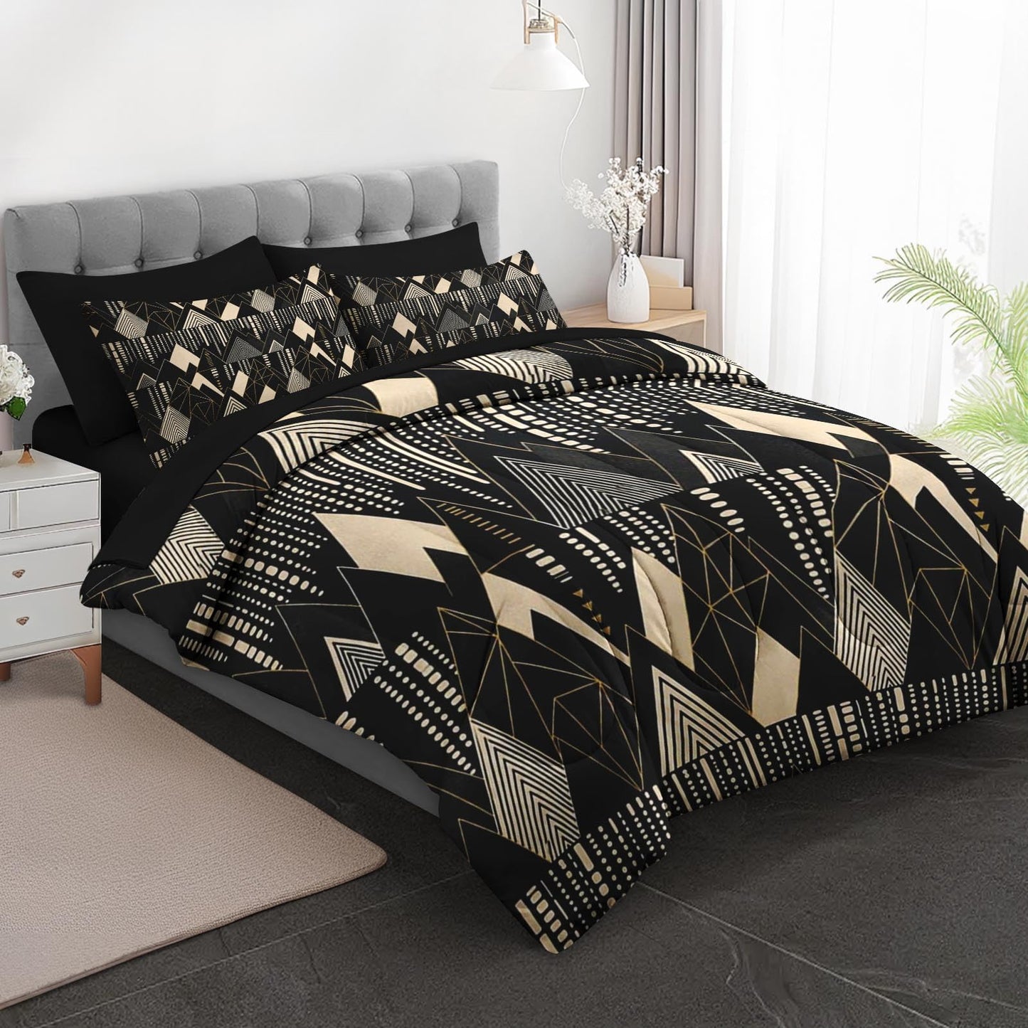 Boewywh Comforter Set Twin Size Mountain Geometric Gold 7 Pcs, Bedding for Kids and Adults, Modern Abstract Bed Sheet Sets with Fitted Sheet 2 Pillowcases & 2 Shams for Bedroom Bed Decor