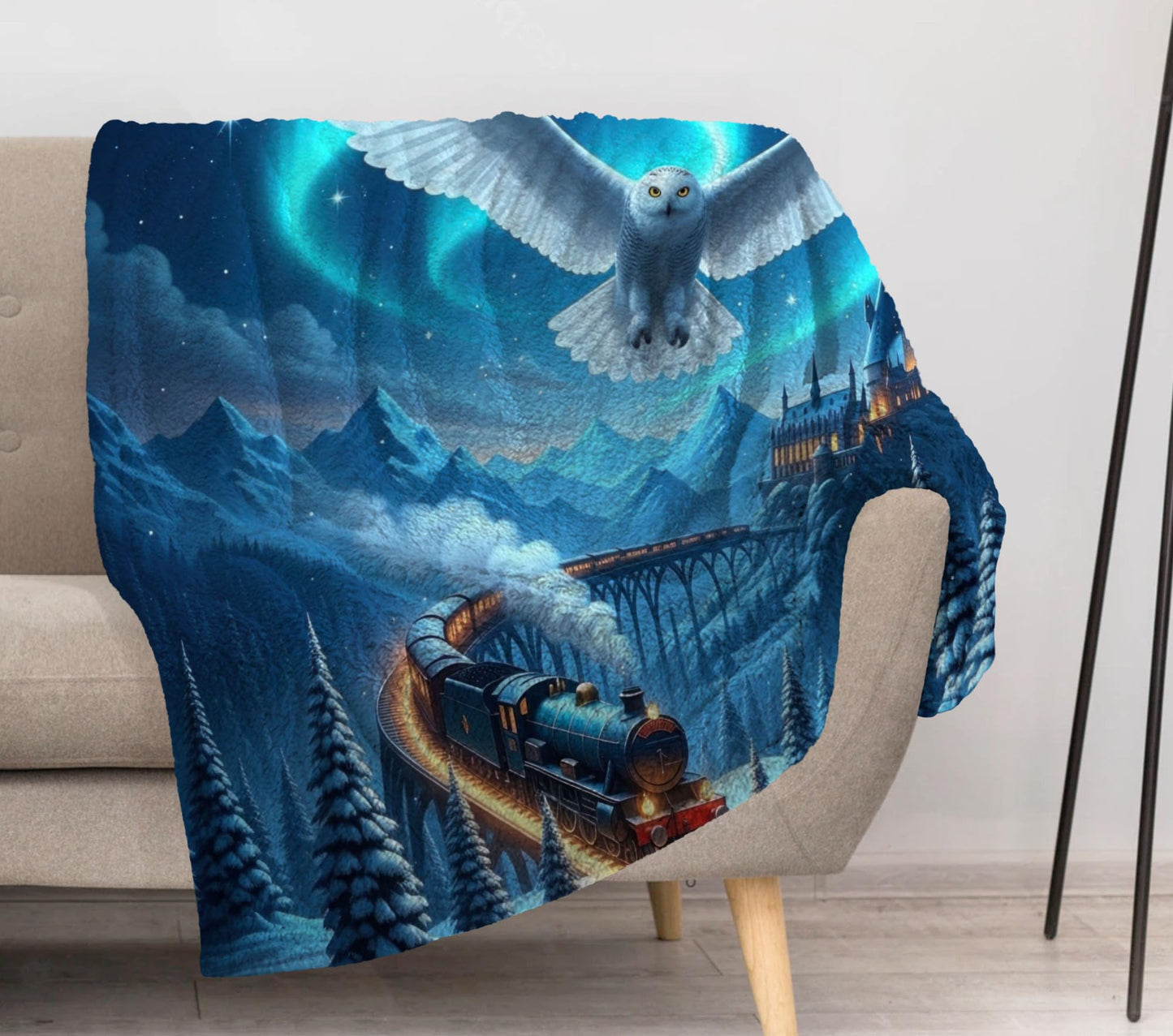 Allenjoy Dreamy Snowy Night Train Owl Blanket 57"x50" - Soft Warm Throw Blankets for Couch Bed Living Room Home Office Bedroom Decor, Gifts for Boys Girls Kids Teens Fans, Washable