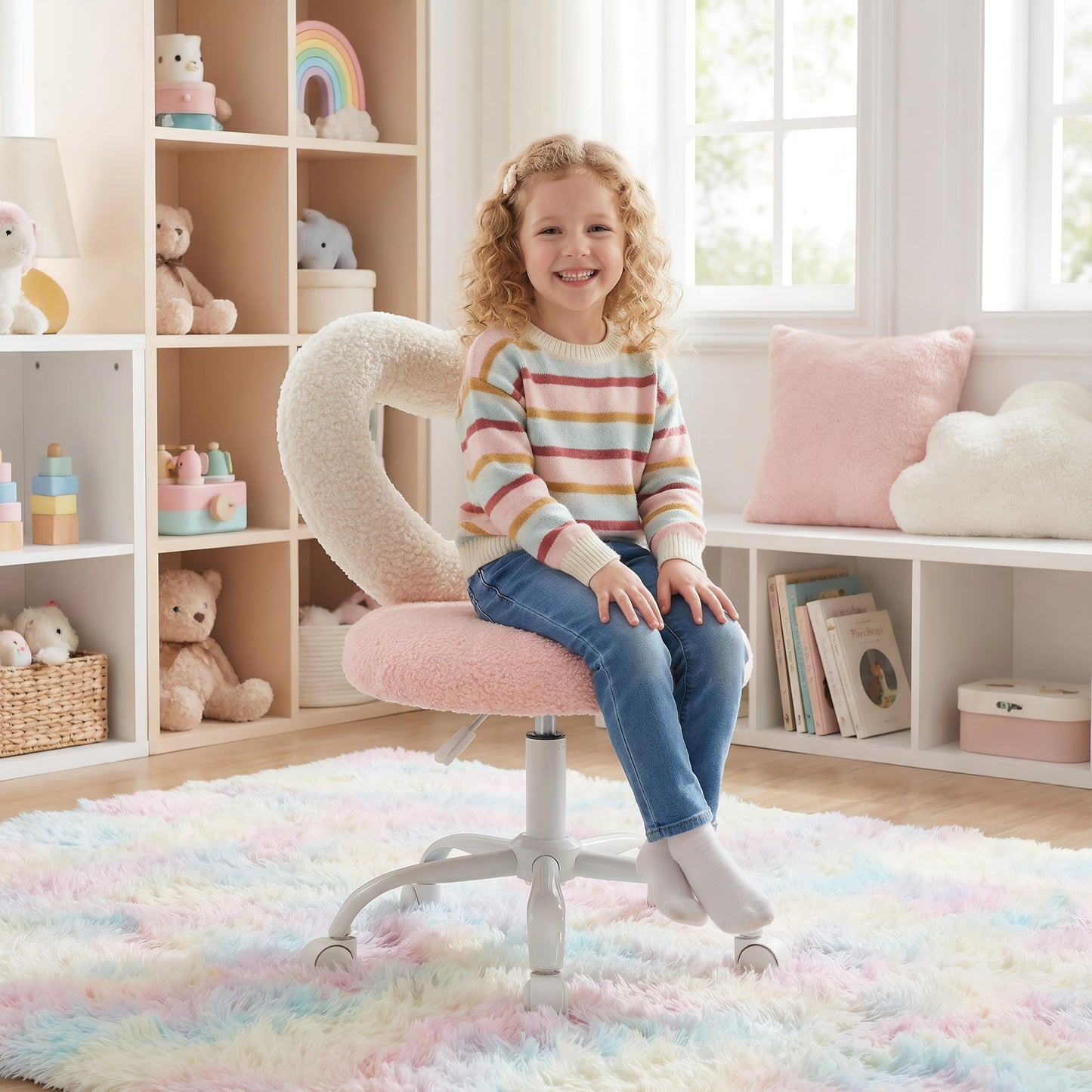 Cute Kids Desk Chairs，360’ Swivel Kids Chairs Computer Chairs with Wheels，Adjustable Heart Children Chair Study Upholstered Vanity Chair Chair for Teen Girls Boys Bedroom Children Gift, Pink