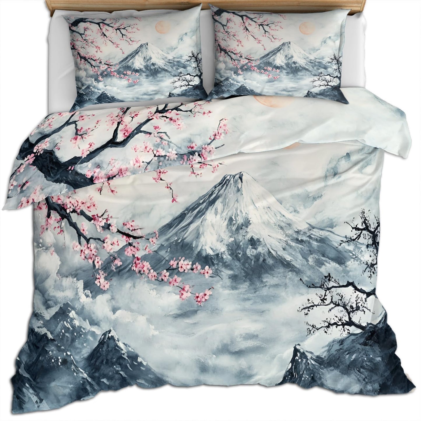 PAISUOQ Japanese Duvet Cover King Size, Traditional Painting Bedding Set, 3 Piece, Soft Microfiber Patterned Comforter Cover with Zipper Ties & 2 Pillowcase, Mountains Bedroom Decor & Gifts
