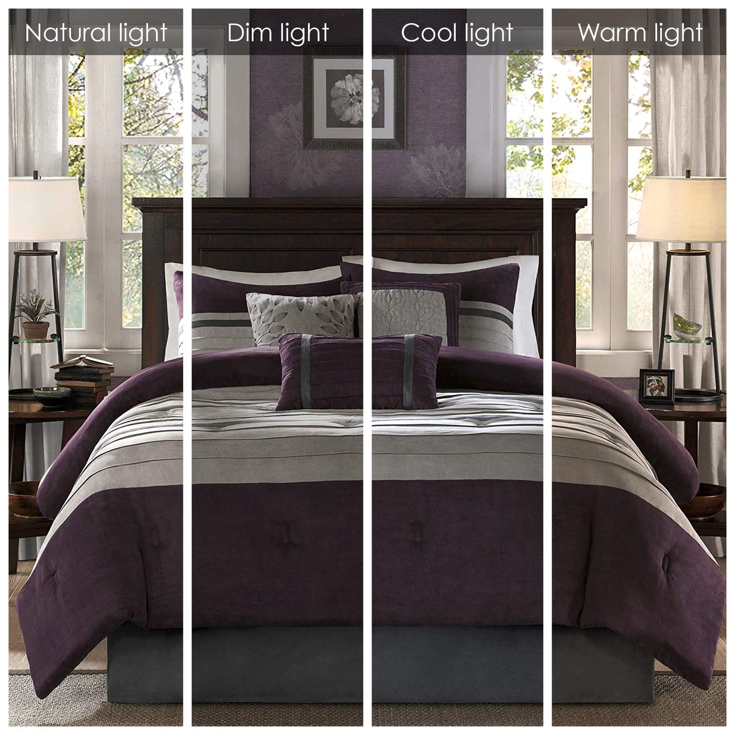 Madison Park Palmer Comforter Set - Faux Suede Design, Striped Accent, All Season Bedding, Shams, Decorative Pillow, Bed Skirt, Queen (90 in x 90 in), Purple 7 Piece