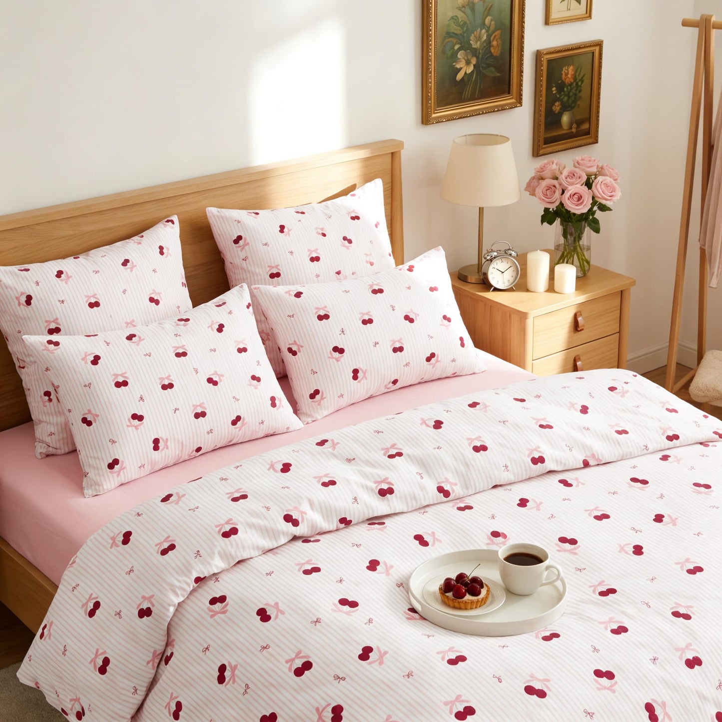 Sedefen Pink Bow Duvet Cover Queen Size Cherry Red Striped Duvet Cover Set Bows Cherries Printed on White Stripe Reversible Bedding Set 3 Pcs with 2 Pillowcases Gift for Women Girls