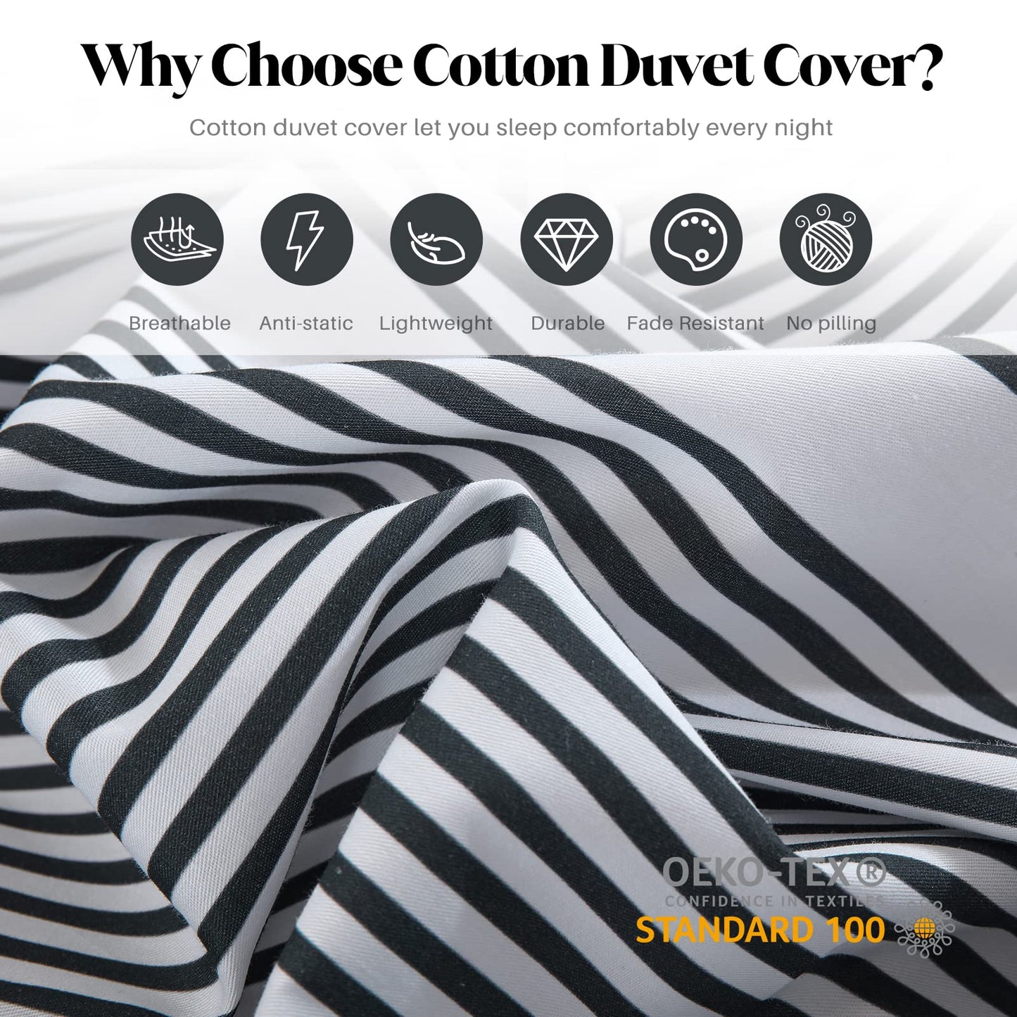 CozyDH Duvet Cover Set King Size - 100% Cotton 400 Thread Count Lightweight Soft Modern, 3 Pieces Striped Bedding Set with 8 Ties Zipper Closure (Black Gray, 104x90, NO Comforter)