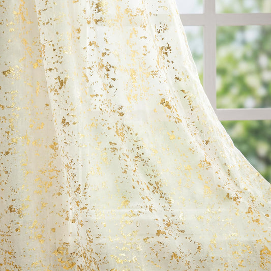 Horaldaily Beige Sheer Curtains for Living Room and Bedroom,Gold Sequin Glitter Metallic Foil, Scenery Light Filtering Window Curtains, 52" W x 84" L, Set of 2 Curtain Panels