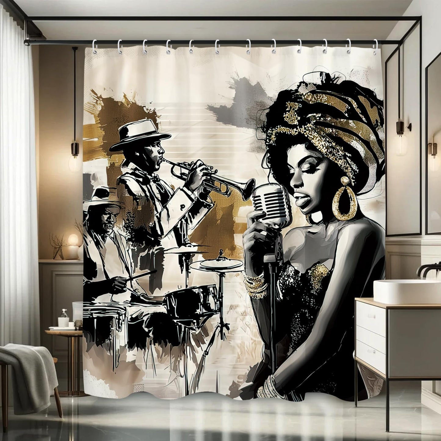 Glioown African American Shower Curtain 60Wx71L, Music Band Shower Curtains for Bathroom, Black Woman Lady Hippie Shower Curtain Set 12 Pack Hooks