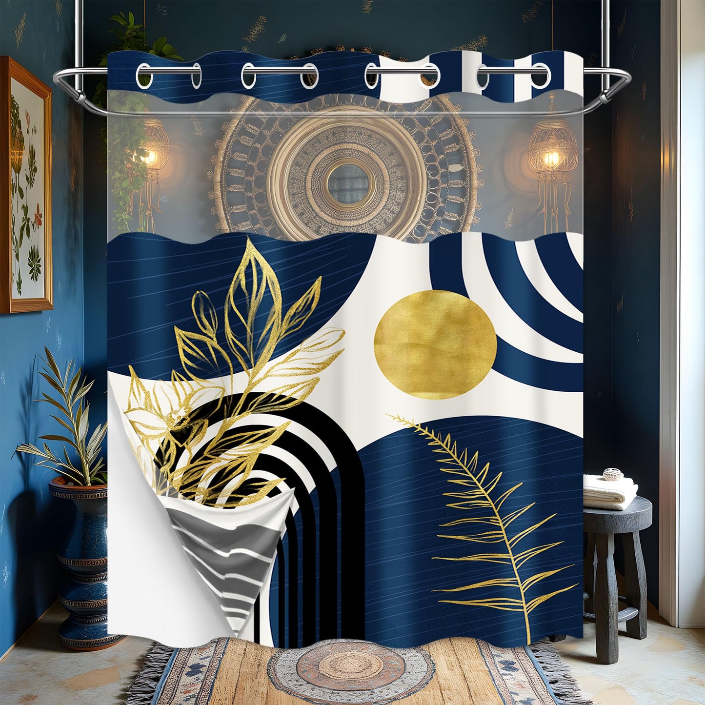 Boho Mid Century Modern Hookless Shower Curtain with Snap in Liner, Navy Blue and Gold No Hook Double Layer Shower Curtains and Liner Set, Waterproof Cloth Fabric, 60" W X 74" L
