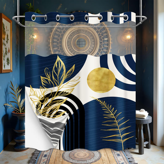Boho Mid Century Modern Hookless Shower Curtain with Snap in Liner, Navy Blue and Gold No Hook Double Layer Shower Curtains and Liner Set, Waterproof Cloth Fabric, 60" W X 74" L