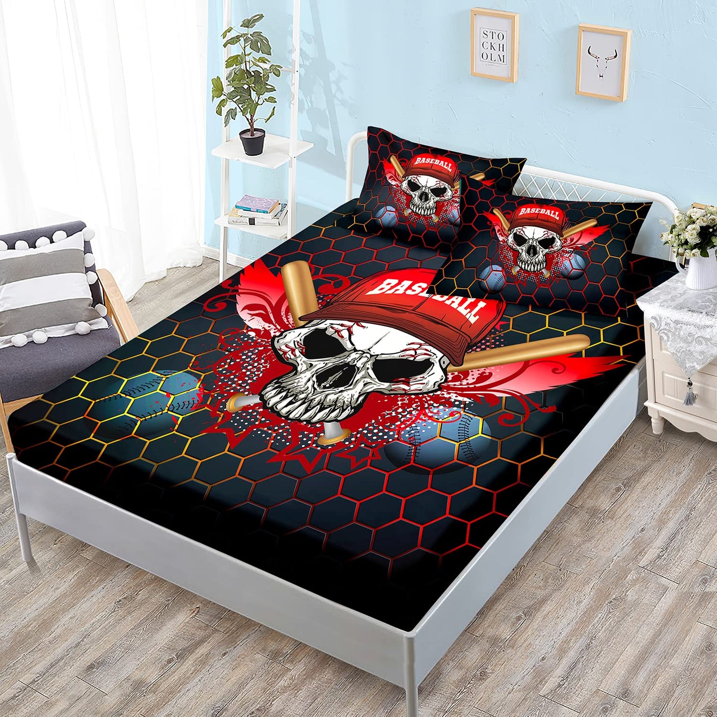 HOSIMA Black Baseball Bedding Set,Boys Sports Cool 3D Print Designs Gothic Skull Fitted Sheet, Sports Bedspread Bedroom Collection 3Pcs with 2 Pillowcases,Cool Baseball Twin Sheets for Girls Boys.