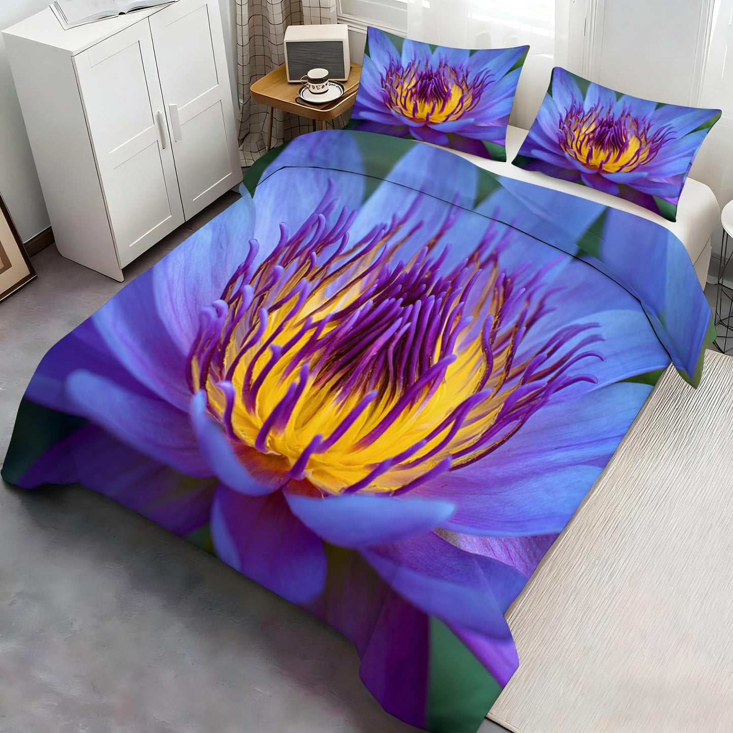 Floral Duvet Cover Full Size, Purple Flower Comforter Cover 80" x 90" & 2 Pillowcases, Elegant Country Flowers Bedding Set with Zipper Ties