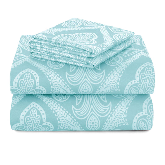 Hannah Linen Paisley King Sheet Set, 4 PC Soft Microfiber Wrinkle Free Sheets - Luxurious Printed Bed Sheets Includes Flat Sheet, Fitted Sheet with Deep Pockets, & 2 Pillowcases - Blue
