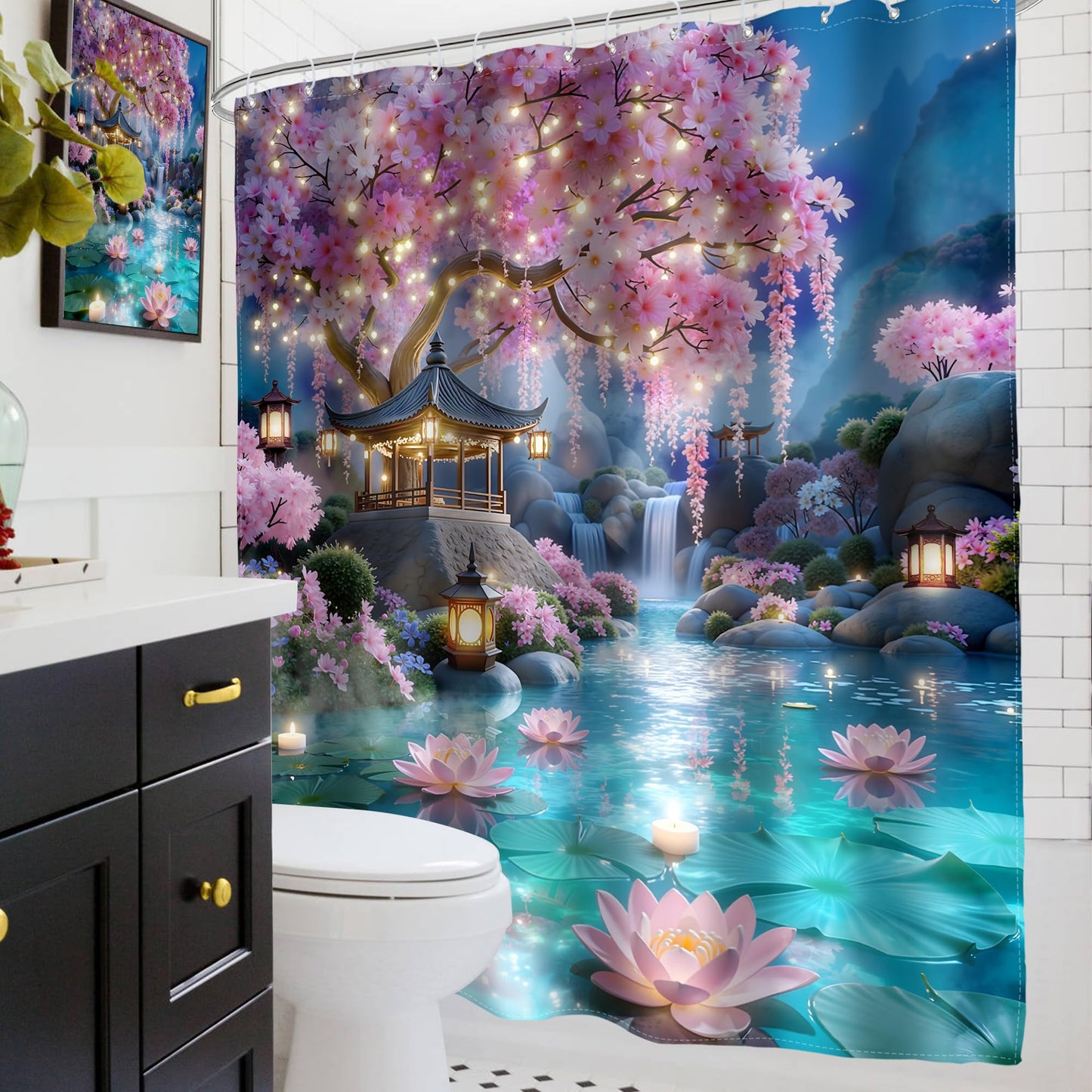 Glawry Japanese Shower Curtain 60Wx72L Inches Pink Floral Cherry Blossom Spring Night Nature Waterfall Lotus Asian Aesthetic Bathroom Accessories Art Home Decor Fabric 12 Hooks